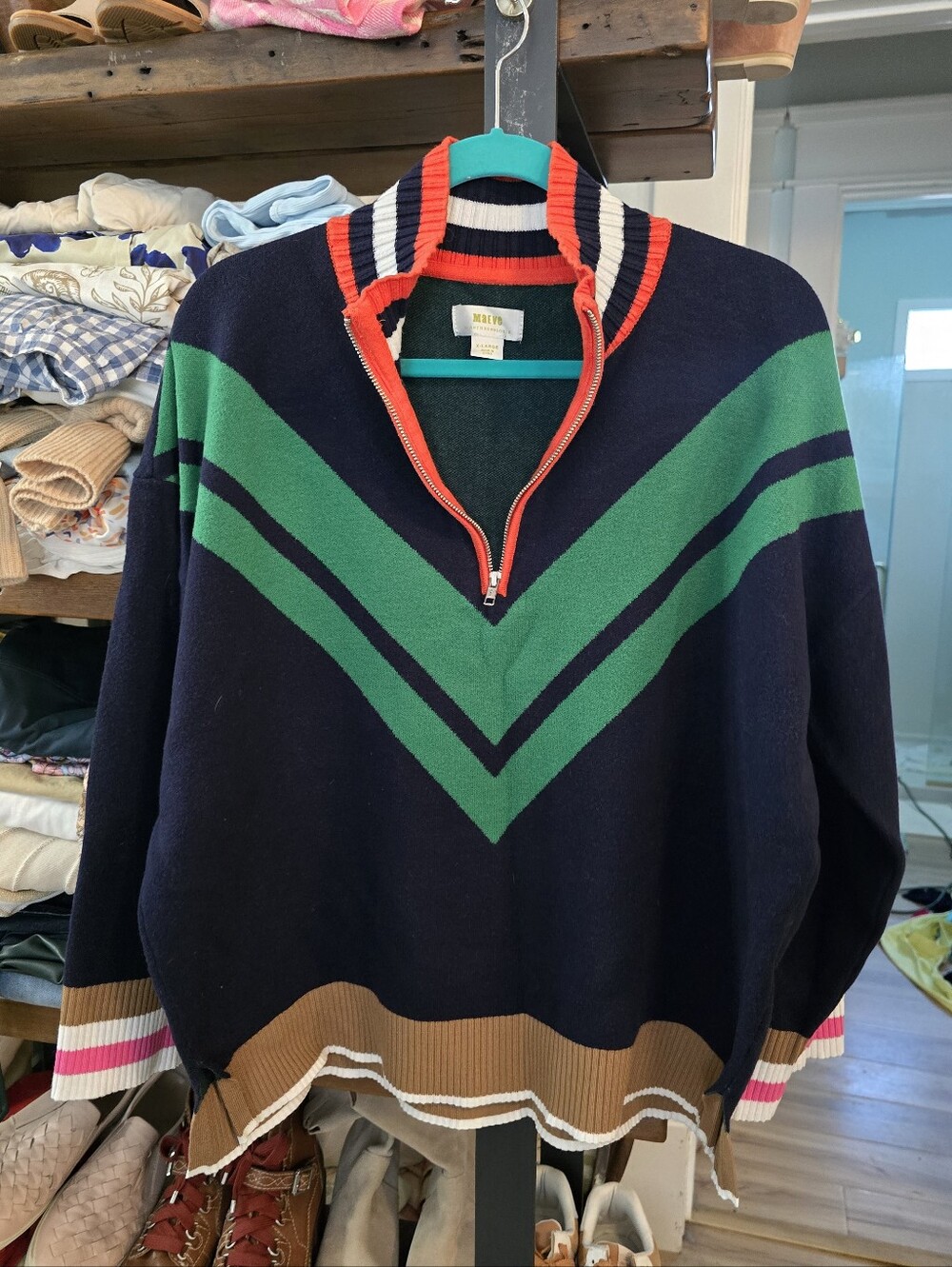 Anthropologie Navy Zip-Up Sweater with Green Chevron